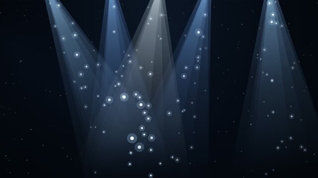 Dramatic stage lighting with spotlights and floating particles on a dark background