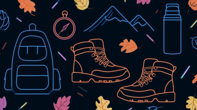 Neon Autumn Hiking Seamless Pattern With Backpack, Hiking Boots, Mountains, Compass and Colorful Fall Leaves