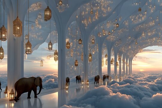 A surreal procession of elephants walks along a cloud-filled sky pathway beneath ornate, grand architecture adorned with lanterns at sunset.