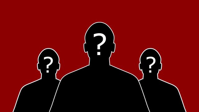 Three anonymous silhouettes with question marks representing mystery and unknown identity.
