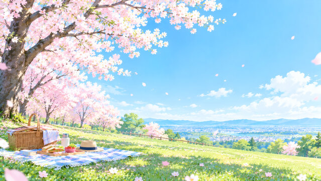 桜の下で楽しむ春のお花見ピクニック　レジャーシートとバスケットを描いた爽やかな春のイラスト背景素材