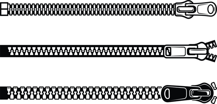 Set of closed zipper vector illustrations with different metallic and plastic teeth styles and puller sliders