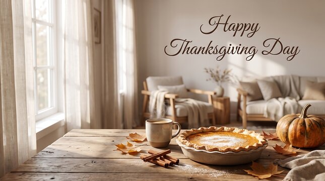 A cozy rustic table setting featuring a delicious pumpkin pie for a warm thanksgiving day celebration