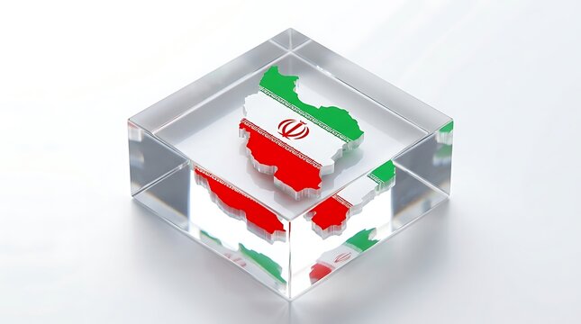Transparent crystal block with map of Iran inside featuring national flag colors isolated on white background