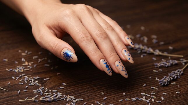 Celestial blue nail art with sun and moon motifs