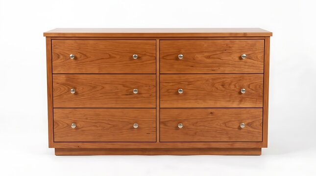Solid cherry wood double dresser with six spacious drawers and silver knobs isolated on white background
