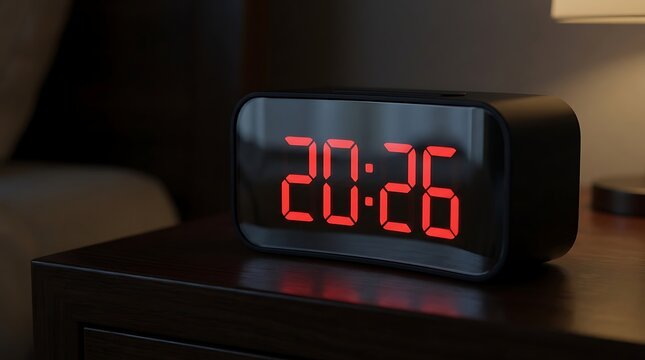 Digital alarm clock glowing red numbers showing time twenty twenty six on a dark bedside table in a bedroom interior