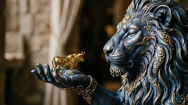 Intricate blue and gold lion sculpture holding a tiny metallic golden bull in its hand showcasing artistic mastery