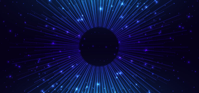 Futuristic Blue Digital Particle Tunnel Background with Glowing Dots and Circular Energy Pattern.