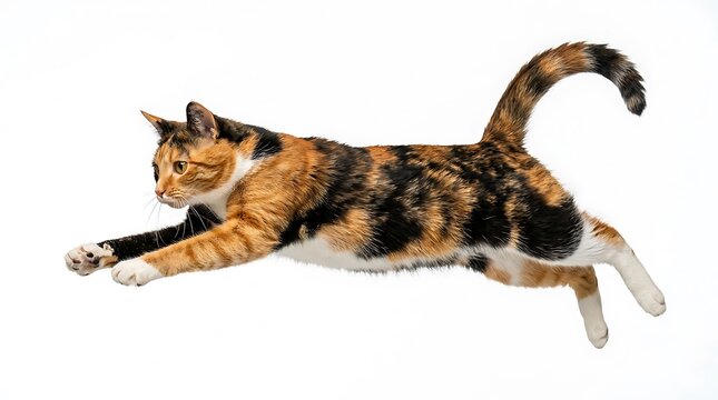 Calico cat leaping gracefully through the air with outstretched paws and arched tail isolated on white background