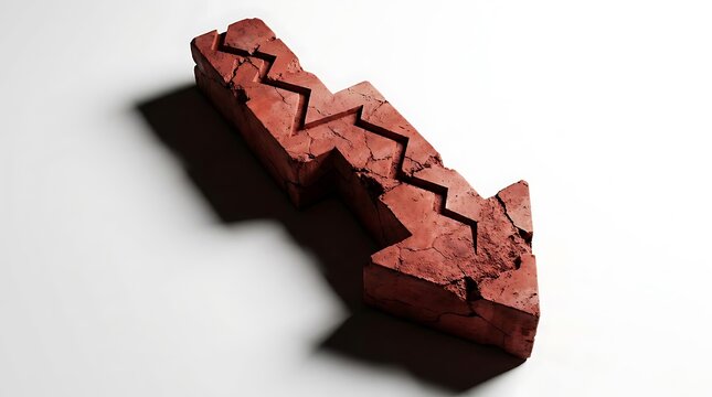 Red cracked arrow shape pointing downwards on a white background symbolizing market crash and economic recession risk
