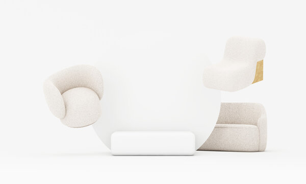 Minimal 3D furniture composition with white and cream textured chairs placed around a clean podium, creating a soft neutral interior scene for product display and modern decor themes.