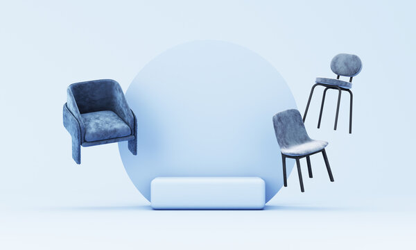 Elegant 3D furniture scene with blue upholstered chairs and a simple podium on a pastel blue background, perfect for modern interior design, product showcase, and decor concepts.