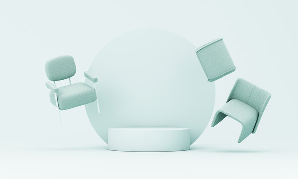 Minimal 3D furniture arrangement with mint green chairs surrounding a round podium on a soft pastel background, suitable for interior styling, product presentation, and design mockups.