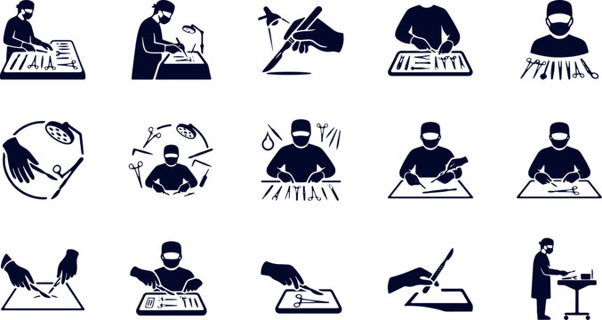 Surgeons in scrubs performing complex medical operations with surgical tools and equipment on transparent background.