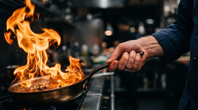 Professional chef holding a frying pan while cooking food with bright flames in a commercial kitchen restaurant kitchen food preparation chef hand