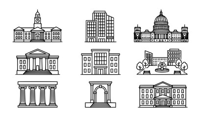 Obraz premium Government Building Editable Thin Line Icon Vector Set