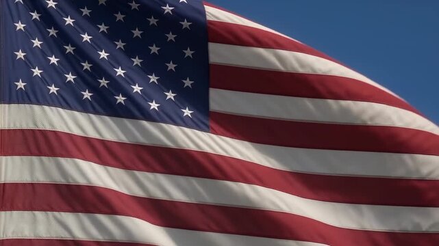 Politics - American flag waving proudly in the wind against a clear blue sky, close up shot of stars and stripes