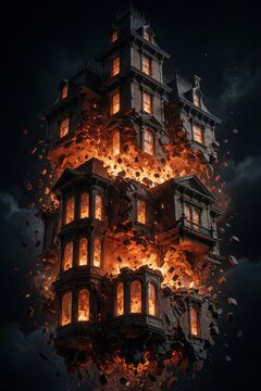 Victorian mansion crumbles in inferno with flying debris and glowing windows at night. Fiery destruction consumes the haunted architecture, creating a scene of utter chaos and dread.