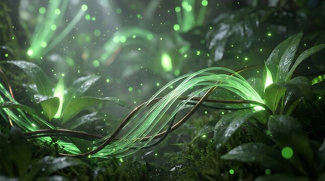 Magical glowing green fiber optics intertwined with lush jungle foliage and vibrant fireflies in a mystical forest ecosystem