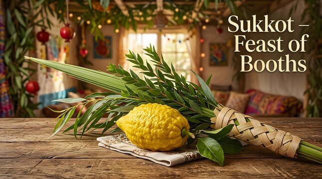 Etrog and lulav set on wooden table for the jewish holiday of sukkot