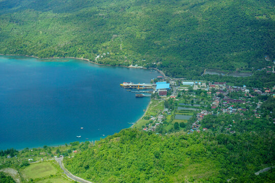 Sabang Island aerial view. Balohan ferry port from above. Tropical island in Aceh, Sumatera.