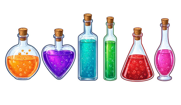 Group of six glass bottles filled with sparkling magic potions magic potion glass bottle colorful liquid game asset