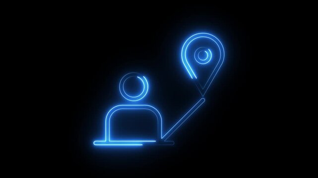 Neon blue outline icon depicting person with location pin symbol glowing on black background