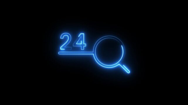 Neon blue twenty four hour search icon animation glowing digital line drawing black background