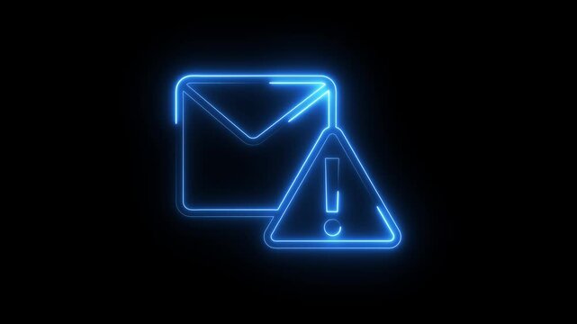 Blue neon email alert icon appearing with warning triangle on black background video clip