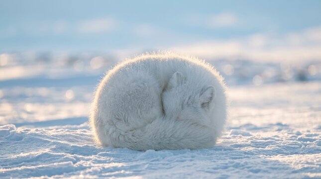 Cute arctic fox curled up sleeping in the snow during winter season