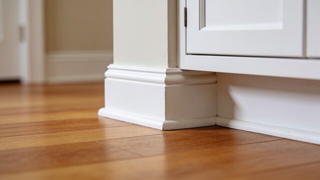 Clean white baseboard trim and hardwood floor detail in a modern home