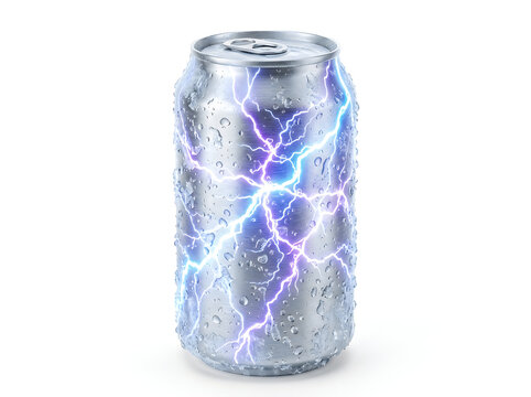 Metallic soda beverage can covered in condensation droplets featuring electric lightning sparks for energy drink concept.