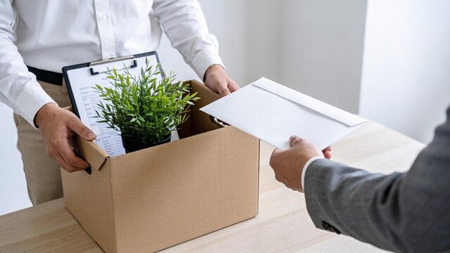 Employee packing personal items receives termination letter from manager in office