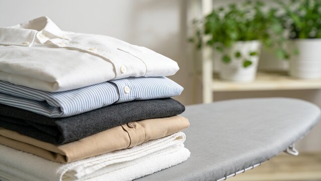 Clean, neatly folded shirts stacked on an ironing board