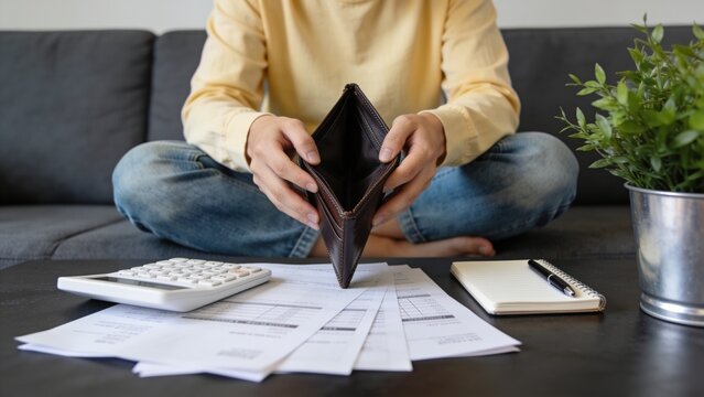 Person checking empty wallet while reviewing bills and using calculator at home