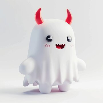 Cute cartoon ghost with red horns, smiling Halloween character