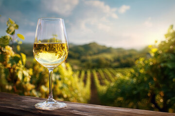 Obraz premium Wine glass with pouring white wine and vineyard landscape in sunny day. Winemaking concept