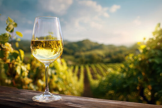 Wine glass with pouring white wine and vineyard landscape in sunny day. Winemaking concept