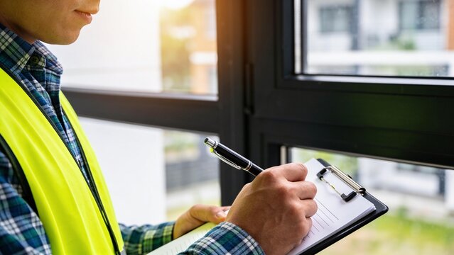 Close-up of professional writing on clipboard during property inspection