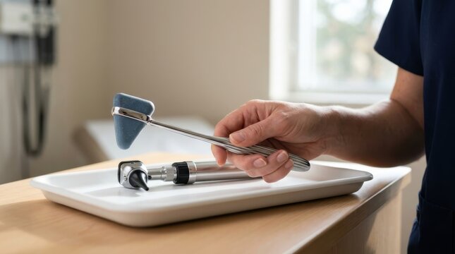 Doctor holding neurological reflex hammer in medical clinic office