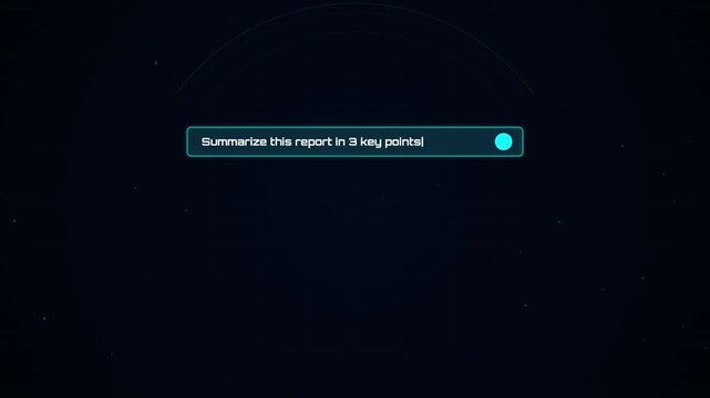 Artificial intelligence chatbot interface, digital AI assistant search bar with glowing text, futuristic machine learning data summary animation