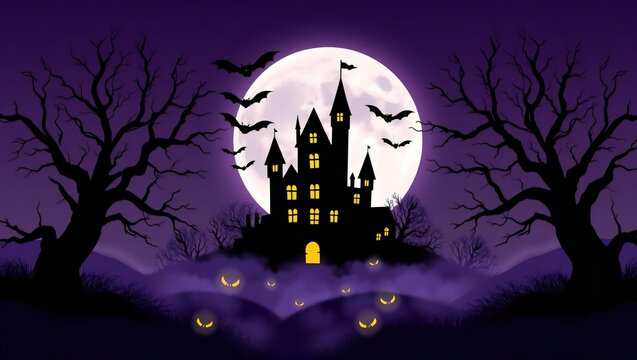 Spooky haunted castle silhouette with bats and full moon in a pixel art style
