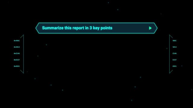 Futuristic AI interface with text prompt, summarize this report in 3 key points, digital HUD display for artificial intelligence and machine learning