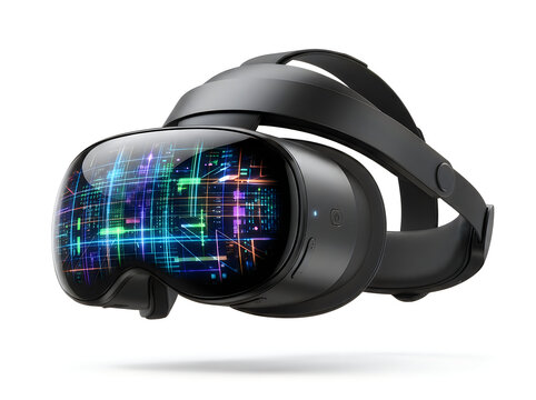 Black vr headset floating with colorful digital grid display for immersive virtual reality and augmented reality experiences.