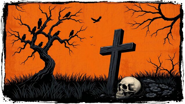Spooky graveyard scene with a cross a skull and birds in a dead tree on an orange background