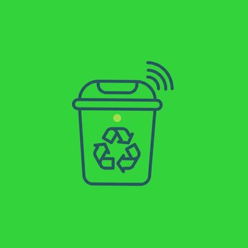 2D vector smart trash bin icon with recycle symbol and wi-fi signal animation on green screen chroma key, square 1:1 video