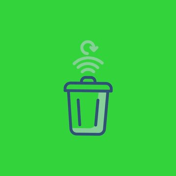 2D vector smart trash bin icon with recycle symbol and wi-fi signal animation on green screen chroma key, square 1:1 video