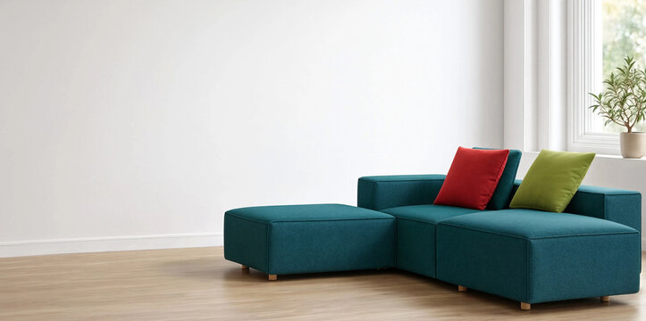 Teal modular sectional sofa with red and green throw pillows placed against a white wall in a bright minimalist living room. Clean contemporary decor.