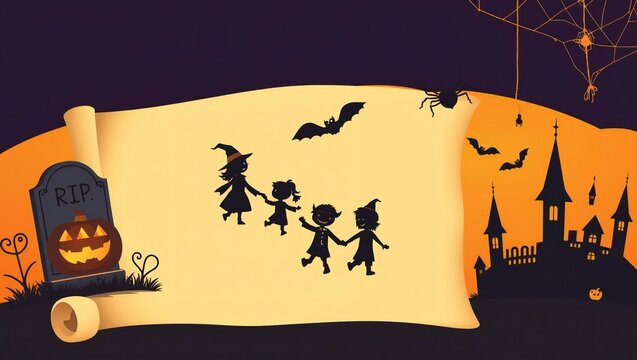 Group of children in halloween costumes walking together on a scroll background with a spooky castle and bats